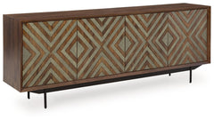 If youâ€™re looking for a cool accent piece loaded with character, then youâ€™ll want to carve out some space for this accent cabinet. Fabulous push magnet doors wow with their carved diamond design, while two interior shelves accommodate your storage nee