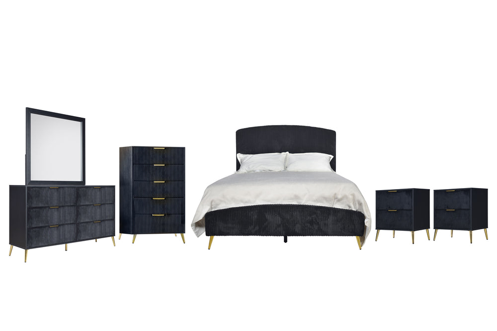 The Kailani 6 Piece Bedroom Set in black is a masterful combination of modern design, luxurious comfort, and sustainable craftsmanship, perfect for creating a sophisticated and inviting bedroom space. This set includes an upholstered panel bed, dresser, m