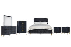 The Kailani 6 Piece Bedroom Set in black is a masterful combination of modern design, luxurious comfort, and sustainable craftsmanship, perfect for creating a sophisticated and inviting bedroom space. This set includes an upholstered panel bed, dresser, m