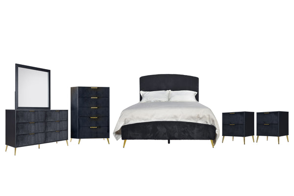The Kailani 6 Piece Bedroom Set in black is a masterful combination of modern design, luxurious comfort, and sustainable craftsmanship, perfect for creating a sophisticated and inviting bedroom space. This set includes an upholstered panel bed, dresser, m
