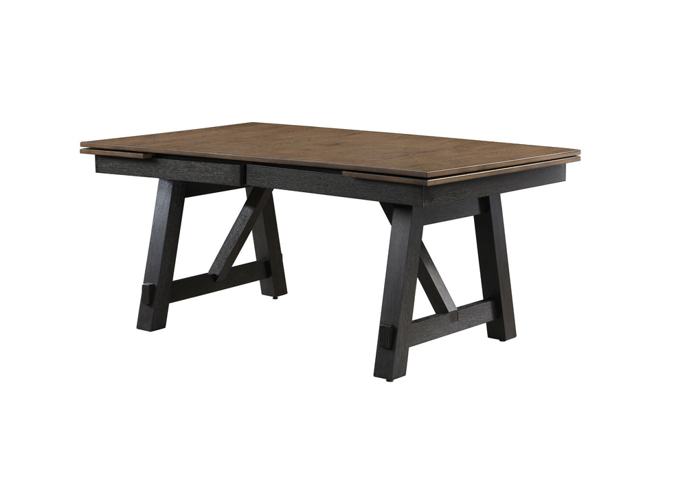 Form and function work beautifully together in the Maribelle dining group. The trestle base table features dual draw leaves that tuck away neatly and provide extra space when needed. The sturdy bench and chairs feature cushioned seats with gray linen weav