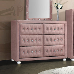 6 Drw Drawer: GLIDE Side Metal (3/4 Ext.), DOVETAIL English, FELT-LINED Not Included, Safety Stop Included, Manual-Close, Hardware: Crystal like Pull Knob CONSTRUCTION] Fully Padded Case-Leg, Inside Frame: Tropical Wood, MDF, Chipboard Wooden Bun-Round Le