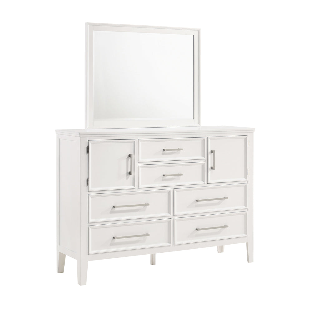 The Andover 2-Piece Wood Dresser and Mirror Set in White offers a perfect blend of durability, style, and functionality, making it a standout addition to any bedroom. This set includes a dresser and a matching mirror, both expertly crafted from solid Rubb