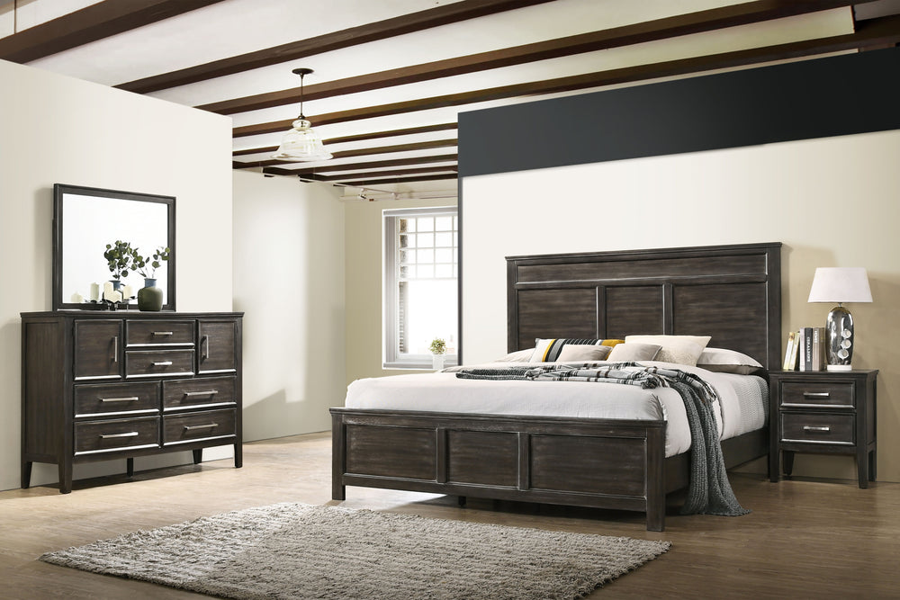 The Andover Wood 4-Piece Bedroom Set in Nutmeg Brown is a masterful blend of style, durability, and functionality, offering a complete solution for your bedroom needs. This set includes a Panel Bed, Dresser, Mirror, and Nightstand, each piece expertly cra