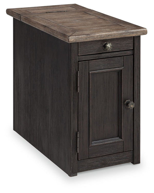 Shabby chic with a hint of down-home country, this chairside end table is all the talk of todayâ€™s design world. Wood grain shows through the weathered gray-brown top in all of its earthy pleasure. A pull-out tray with lovely traditional hardware has two
