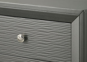  characterized by its rich gunmetal finish and distinctive textured front panels. The centerpiece