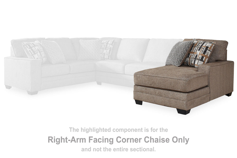 This right-arm facing corner chaise is made with polyester upholstery. Pairs with other items in the series to make a sectional.<br><br><b>Additional Dimensions</b><br><ul><li>Arm height: 25-"</li><li>Seat depth: 51-"</li><li>Seat height: 21-"</li><li>Top