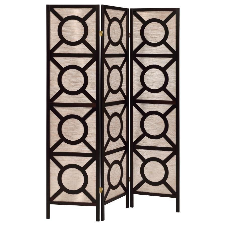 Riveting design detailing lends a dramatic effect. Make this three-panel folding screen a part of accent decor. Perfect for a transitional space, its open cutout design offers character and exotic charm. Circles and lines join to create an optically fun c