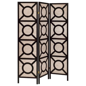 Riveting design detailing lends a dramatic effect. Make this three-panel folding screen a part of accent decor. Perfect for a transitional space, its open cutout design offers character and exotic charm. Circles and lines join to create an optically fun c