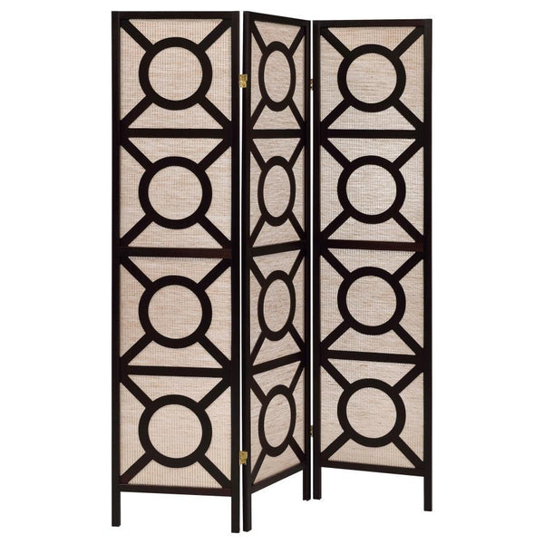 Riveting design detailing lends a dramatic effect. Make this three-panel folding screen a part of accent decor. Perfect for a transitional space, its open cutout design offers character and exotic charm. Circles and lines join to create an optically fun c