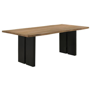 Revitalize your dining room with the exquisite beauty of this contemporary dining table. The solid acacia live edge table top boasts unique markings and stunning wood grain, adding a touch of natural charm. Contrasting with the sleek double pedestal black