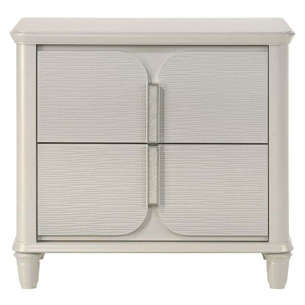  where light gray boucle meets a pearl white finish for an exquisite blend of sophistication and serenity. The clean lines and contemporary design create a harmonious balance