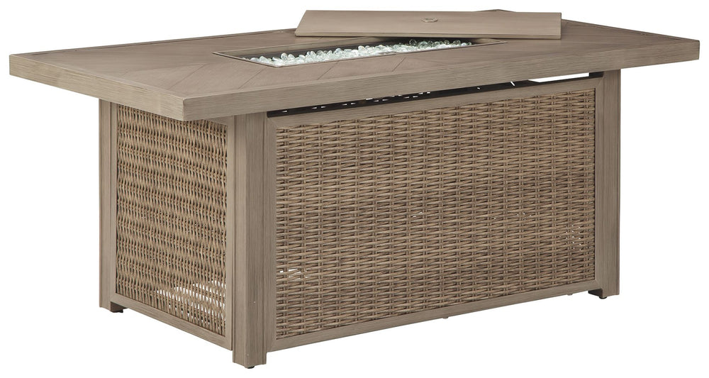 Sporting an easy-on-the-eyes look inspired by driftwood, this fire pit table elevates the art of alfresco living. Its chic chevron-patterned top is paired with all-weather resin wicker over rust-proof aluminum for beauty and brawn. A stainless steel burne