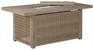  this fire pit table elevates the art of alfresco living. Its chic chevron-patterned top is paired with all-weather resin wicker over rust-proof aluminum for beauty and brawn. A stainless steel burne