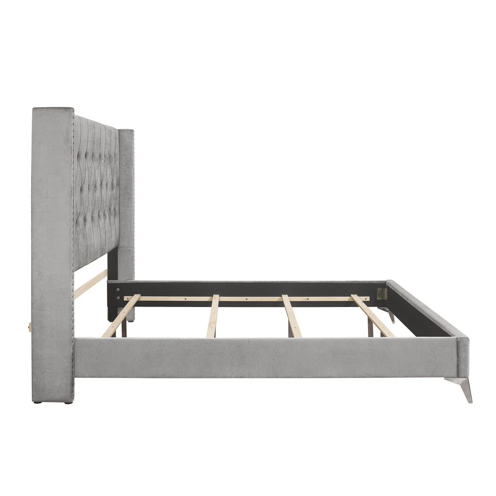 The Huxley Upholstered Bed in Gray combines contemporary glam with durable construction for a stylish and comfortable bedroom centerpiece. This set includes a headboard, footboard, two side rails, and a slat kit, all crafted from manufactured woods and ec