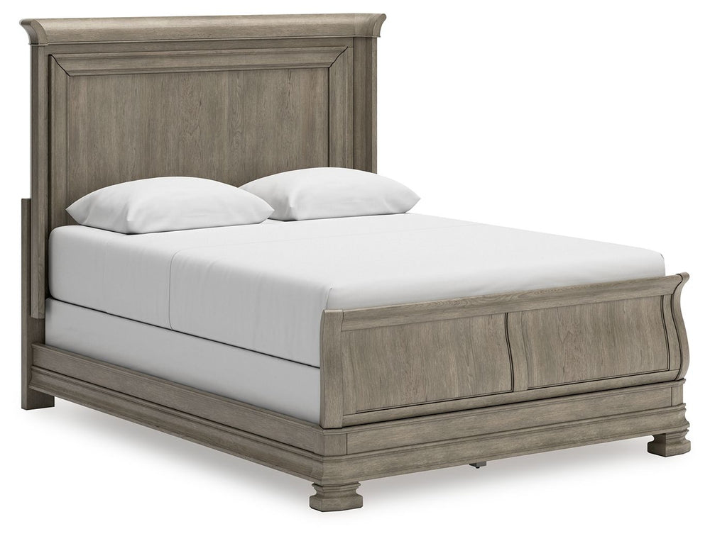 Traditional design motifs, redefined for todayâ€™s trends. Inspired by timeless Louis Philippe styling, this queen sleigh bed is distinguished by its stunning attention to detail. Youâ€™ll find the light gray finish encourages an attitude of laid-back lux