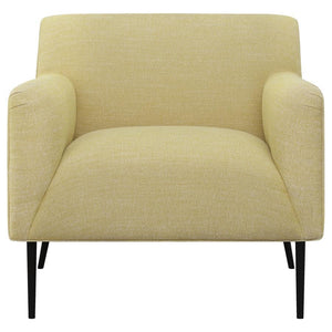  this contemporary accent chair is sure to catch the eye. The soft texture welcomes you to rest between soft track arms as you converse with friends or pick up a good book. Its cheerful