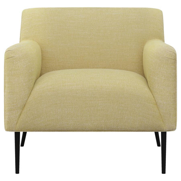  this contemporary accent chair is sure to catch the eye. The soft texture welcomes you to rest between soft track arms as you converse with friends or pick up a good book. Its cheerful