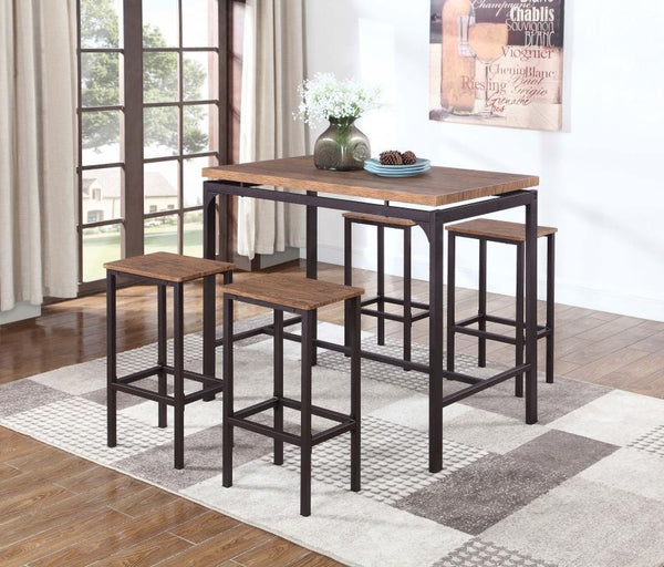 Sleek in style, this five-piece bar set offers instant elevation to any small space. Smooth metal legs feature a dark hue and clean lines. Resting on top of the open base are smooth seats and a top in weathered chestnut. Create elevated dimension with the