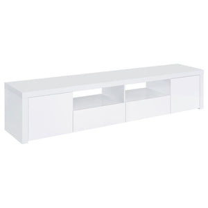 Modern low-slung design highlights a contemporary media console. Perfect for a modern television, either mounted above or sitting on top, the TV stand offers various storage spaces to keep media and gaming components and accessories tidy and organized. A 