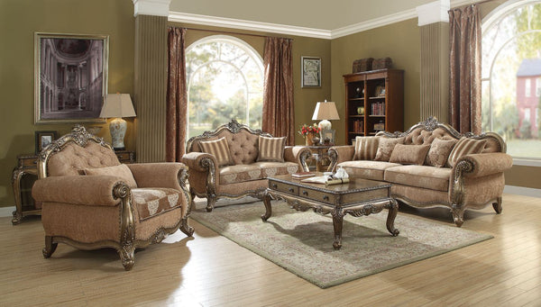 The Ragenardus collection harmonizes traditional details with functional design to accommodate today-'s styles. This sofa set features tight seat and back cushion, crown and raised scrollwork ornamental trim and button tufted backrest. Accent pillows are 