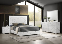 Transform your bedroom into a contemporary sanctuary with this sophisticated and stylish furniture ensemble. Defined by its bold geometric accents and pristine high-gloss white finish, this collection exudes modern elegance while maintaining a clean, mini