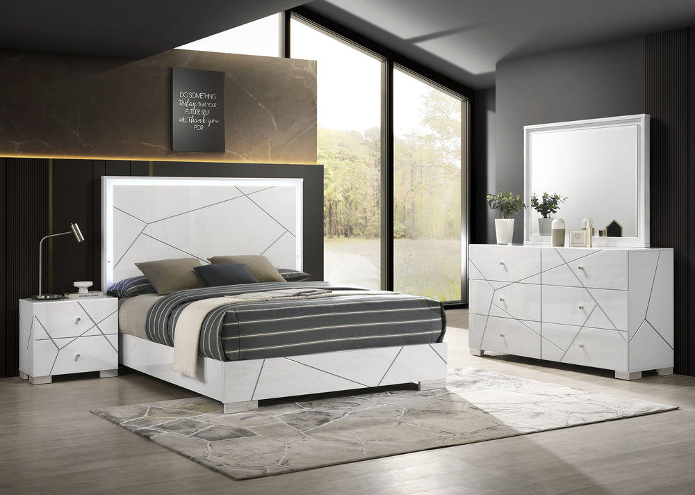 Transform your bedroom into a contemporary sanctuary with this sophisticated and stylish furniture ensemble. Defined by its bold geometric accents and pristine high-gloss white finish, this collection exudes modern elegance while maintaining a clean, mini