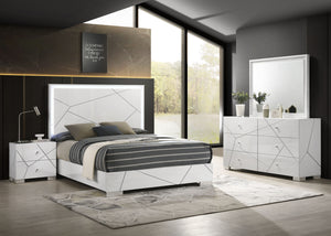 Transform your bedroom into a contemporary sanctuary with this sophisticated and stylish furniture ensemble. Defined by its bold geometric accents and pristine high-gloss white finish, this collection exudes modern elegance while maintaining a clean, mini