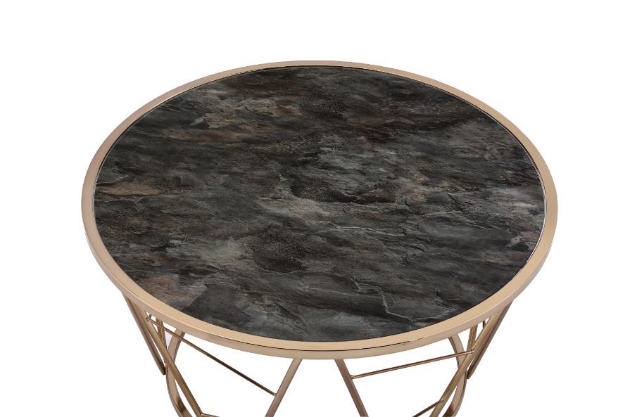 Round Coffee Tableâ€¢Metal Cone Baseâ€¢16mm Metal Tube â€¢Table Top Thickness: 5mmâ€¢Tempered Glass Top<br/><br/><b>Product Features</b><ul><li>Case: 1Pc/1Ctn</li><li>Finish: Faux Black Marble Glass & Champagne Finish</li><li>Style: Contemporary</li><li>M