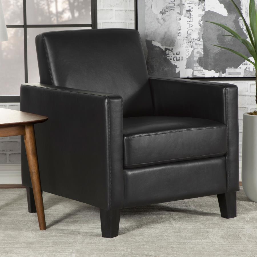 Mid-century design elements shine through in this contemporary accent chair. With classic, narrow track arms that cradle you as you recline into an angled backrest, this accent chair offers a tailored, polished vibe to a corner space or seating area. Top 