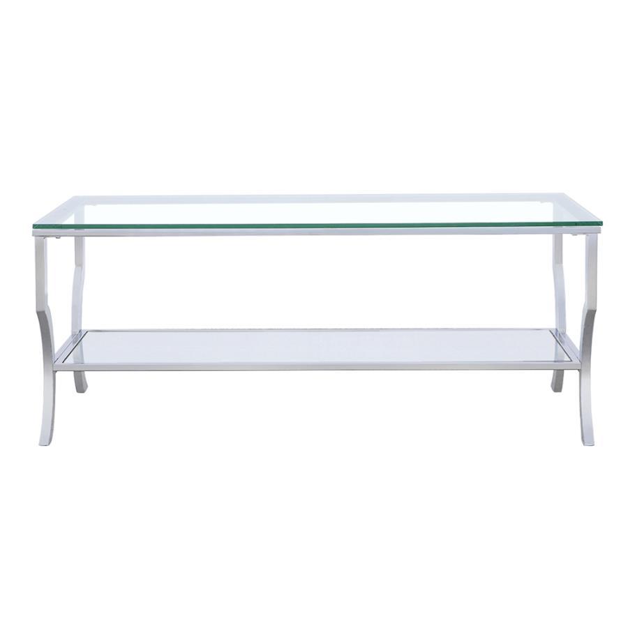Elevate your living room with this sleek rectangular coffee table, featuring a clear tempered glass top and lower shelf for practical storage. The curved legs and open design create an airy, modern aesthetic. Constructed with a sturdy electroplated polish