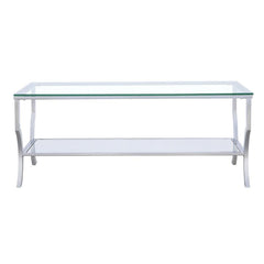 Elevate your living room with this sleek rectangular coffee table, featuring a clear tempered glass top and lower shelf for practical storage. The curved legs and open design create an airy, modern aesthetic. Constructed with a sturdy electroplated polish
