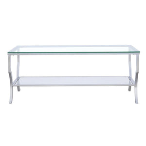 Elevate your living room with this sleek rectangular coffee table, featuring a clear tempered glass top and lower shelf for practical storage. The curved legs and open design create an airy, modern aesthetic. Constructed with a sturdy electroplated polish
