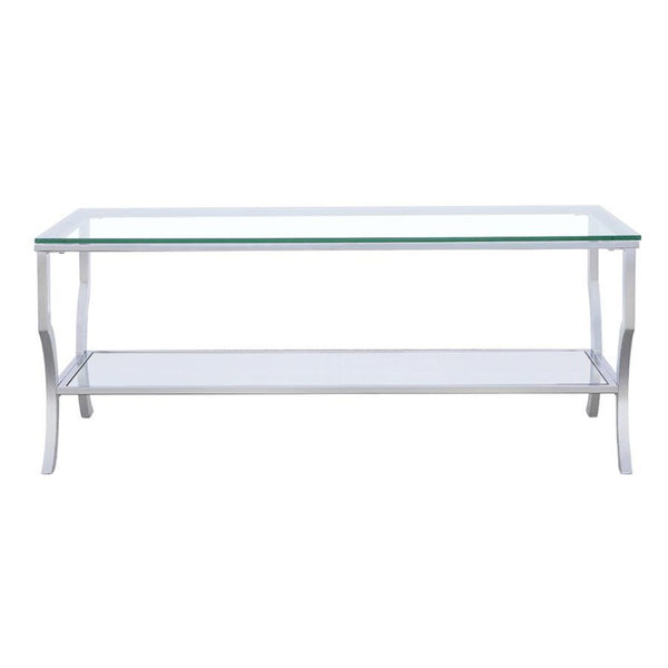 Elevate your living room with this sleek rectangular coffee table, featuring a clear tempered glass top and lower shelf for practical storage. The curved legs and open design create an airy, modern aesthetic. Constructed with a sturdy electroplated polish