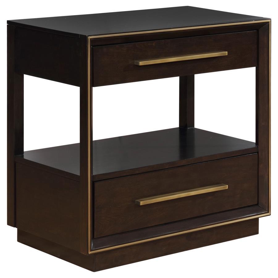 Inspire a retro feel in a modern bedroom with this stunning two-drawer nightstand. Elongated metallic drawer pulls protrude from flat drawer fronts, inspiring a sleek look. In a rich and warm smoke peppercorn finish, the deep hues of the silhouette create