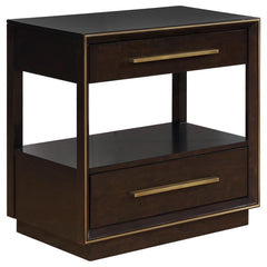 Inspire a retro feel in a modern bedroom with this stunning two-drawer nightstand. Elongated metallic drawer pulls protrude from flat drawer fronts, inspiring a sleek look. In a rich and warm smoke peppercorn finish, the deep hues of the silhouette create
