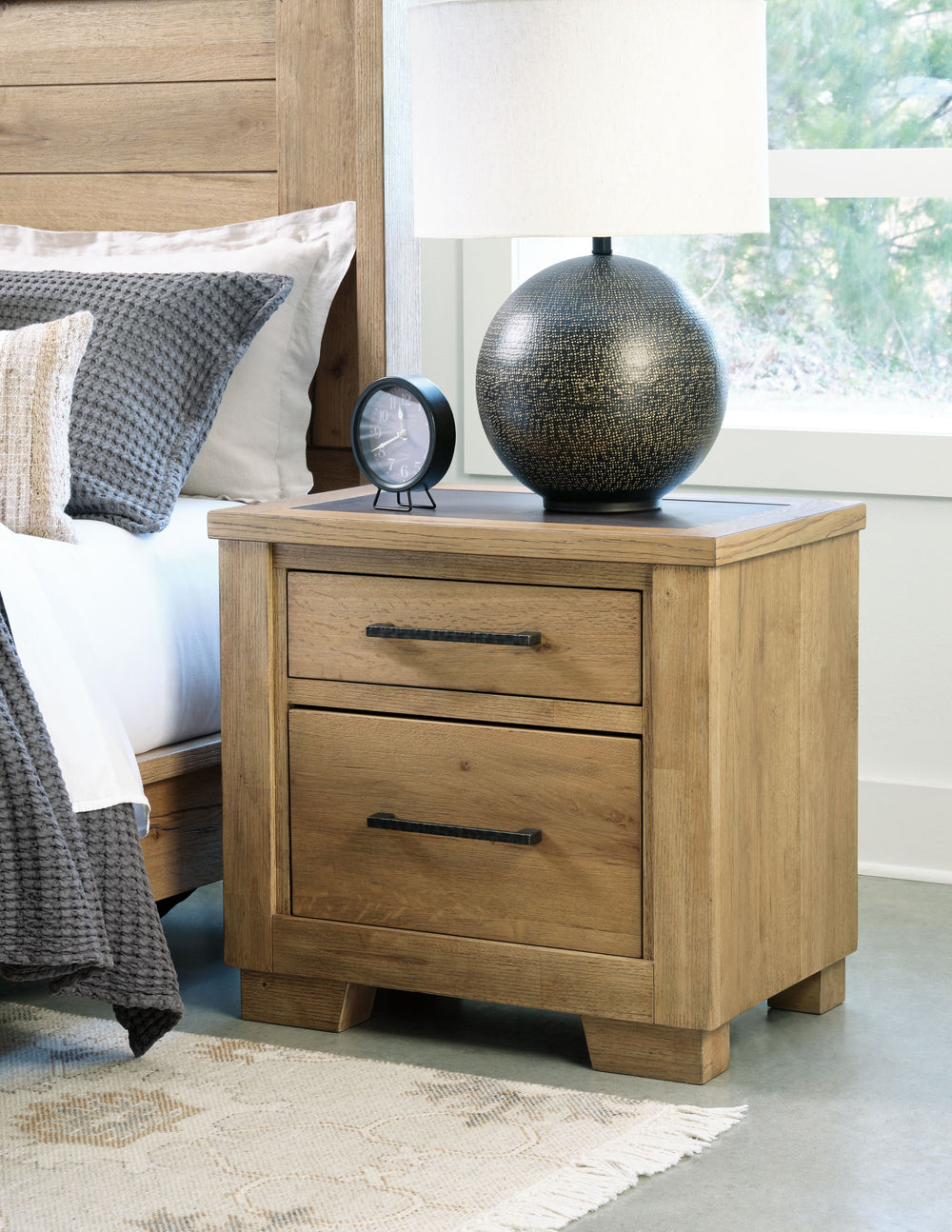 This nightstand expertly refines the raw beauty of wood, bringing a rustic vibe to urban contemporary design. It creates an organically beautiful feel in your bedroomâ€”natural details on the wood are unique to each piece, with the cement inlay providing 