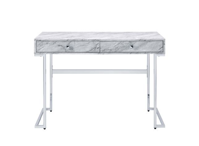 Bring sleek, minimalist style to your workplace where you stay for eight hours a day. The desk features a modern glamour design with white faux marble top and lustrous chrome frame. Metal sled base has elegant straight lines full of an open, airy feel, ma