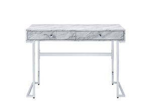  minimalist style to your workplace where you stay for eight hours a day. The desk features a modern glamour design with white faux marble top and lustrous chrome frame. Metal sled base has elegant straight lines full of an open