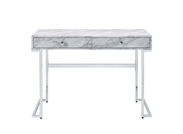  minimalist style to your workplace where you stay for eight hours a day. The desk features a modern glamour design with white faux marble top and lustrous chrome frame. Metal sled base has elegant straight lines full of an open