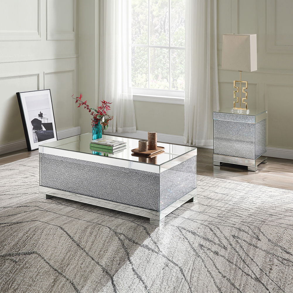 Assembled, Square End Table â€¢ NO Storage â€¢ Features: Mirrored Top, Base w/Faux Crystals & Clear Glass â€¢â€¢ CONSTRUCTION â€¢â€¢ Mirrored Top & Base: Beveled Mirror, MDF â€¢ Case: Faux Crystals, 4mm Clear Tempered Glass, MDF â€¢ Mirrored Square Leg: B