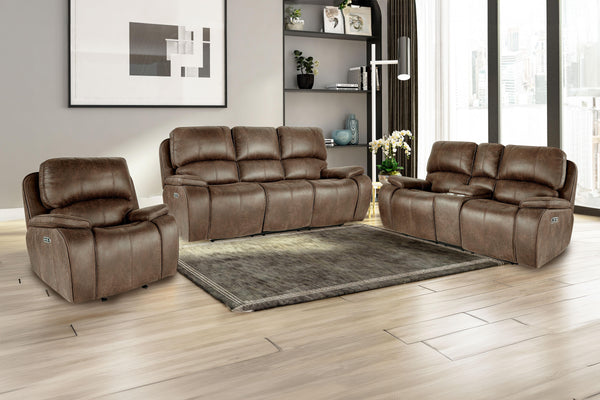  Console Loveseat & Glider Recliner with Power Headrest & Footrest in rustic brown. Upholstered in a luxurious leather-look polyester/pu fabric