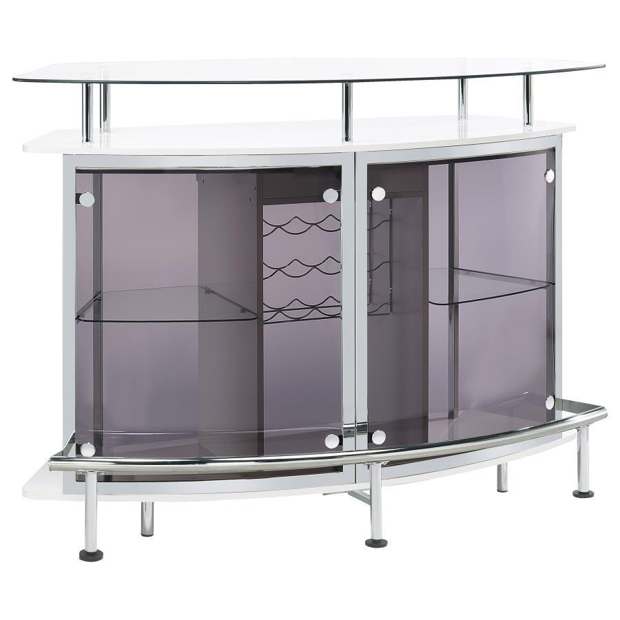 Chic with striking mixed material design, this contemporary bar unit elevates a modern style home. With a curved shape, this bar unit works perfectly in the corner of a media room or dining space, offering a place for guests to conjure together and serve 