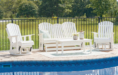 Drift into outdoor entertainment bliss with this set. Dressed in a bright white for a fresh feel, it weathers sunny summer days and cozy winter nights with durable MEGA TUFFâ„¢ HDPE material. <h4><b>Hyland Wave - White - Glider Loveseat</b></h4> <table wi