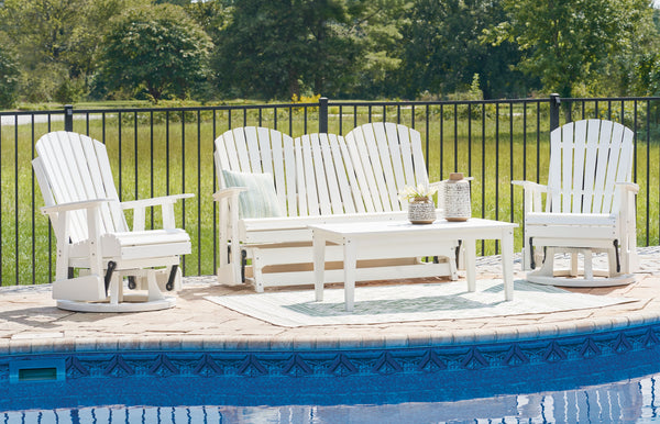 Drift into outdoor entertainment bliss with this set. Dressed in a bright white for a fresh feel, it weathers sunny summer days and cozy winter nights with durable MEGA TUFFâ„¢ HDPE material. <h4><b>Hyland Wave - White - Glider Loveseat</b></h4> <table wi