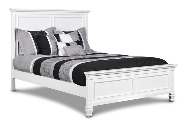 The Tamarack Wood Panel Bed in white is a true standout, showcasing durable construction with a blend of solid poplar, basswood veneers, and eco-friendly manufactured wood for unmatched strength and longevity. This bed-'-'s versatile transitional style ma