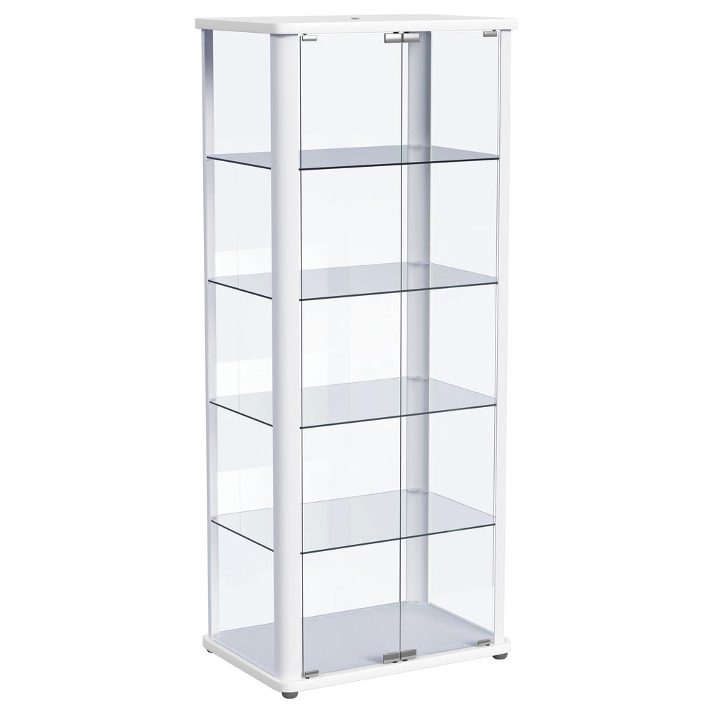 Gather all your favorite things and show them off to their best effect in a modern glass curio cabinet. Perfect for everything from China in the dining room to sculpture and art in your living area, the cabinet features rounded corners and a neutral finis