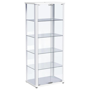 Gather all your favorite things and show them off to their best effect in a modern glass curio cabinet. Perfect for everything from China in the dining room to sculpture and art in your living area, the cabinet features rounded corners and a neutral finis