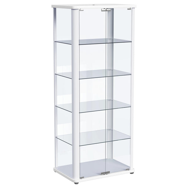 Gather all your favorite things and show them off to their best effect in a modern glass curio cabinet. Perfect for everything from China in the dining room to sculpture and art in your living area, the cabinet features rounded corners and a neutral finis