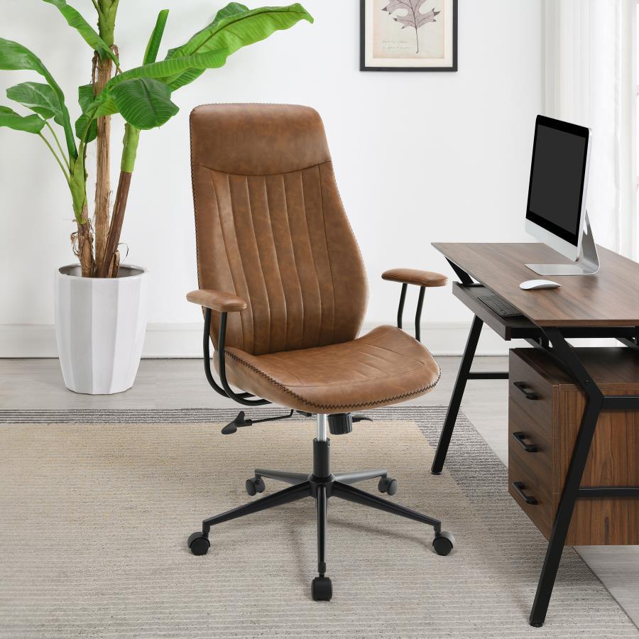 Upgrade your workspace with the refined look and optimal performance of a modern office chair. Designed for all-day comfort and support, it features foam cushioning with brown faux leather upholstery. Channel tufting decorates the seat and back, offering 